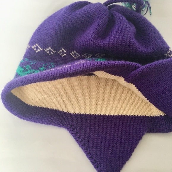 Gordini Hat Beanie Toque Pompom Braided Ties Purple Green Ear Covering - Picture 8 of 9